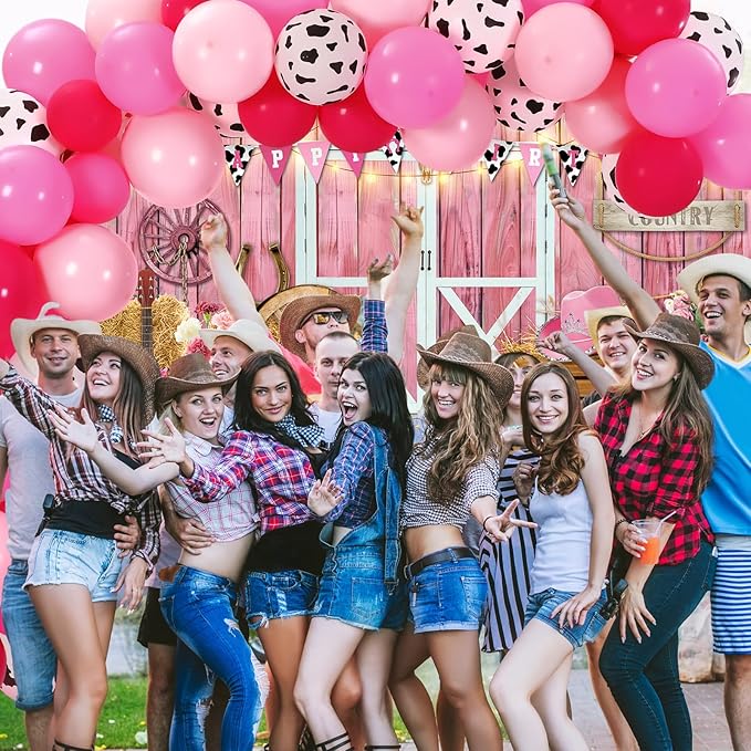 Cowgirl Birthday Party Supplies Western Party Decorations Includes 65pcs Cowgirl Balloons and 1pcs Western Backdrop for Cowboy Rodeo Birthday Country Decorations Supplies(Pink)