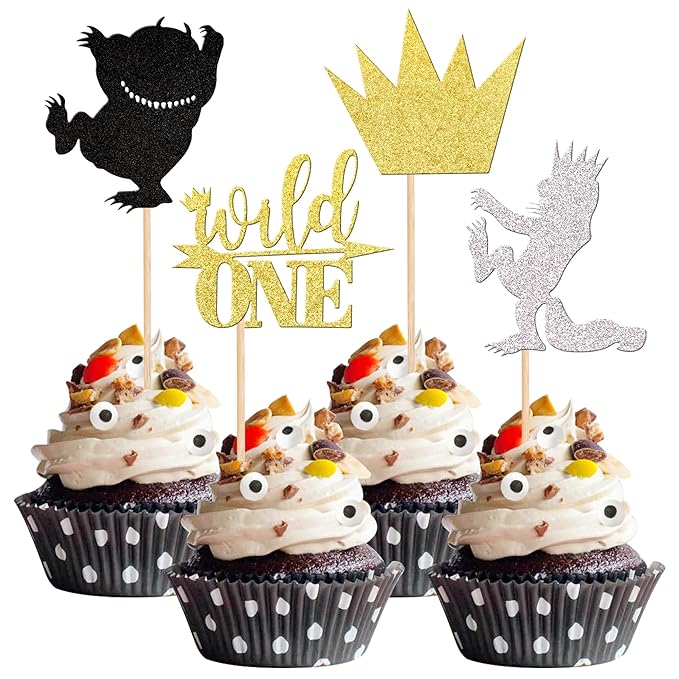 24 PCS Where The Wild Things Are Inspired Cupcake Toppers Glitter Crown Wild One Cupcake Picks Baby Shower Kids 1st Birthday Party Cake Decorations Supplies Colorful
