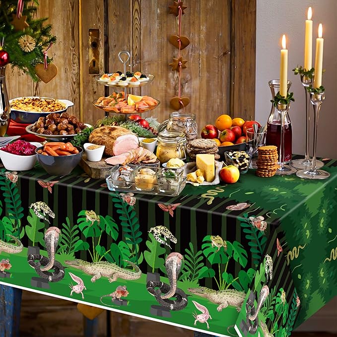 6Pack Reptile Swamp Party Tablecloth Disposable Wildlife Lizard Snake Rectangle Tablecover Alligator Turtle Jungle Animal Plastic Table Cloth Decoration for Reptile Birthday Supply 54” x 108”