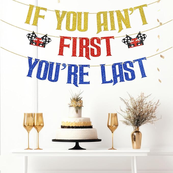DUOMIMI If You Ain't First You're Last Banner Racing Theme Birthday Party Decorations for 1st Birthday Boy Checkered Flag Design Talladega Nights Party Supplies for Race Car Celebration Gold Red Blue Glitter
