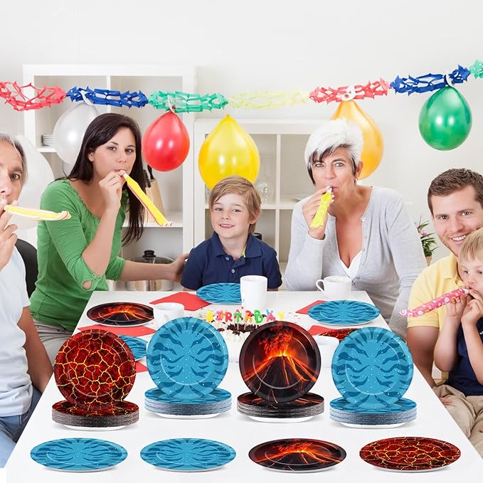 48PCS Fire Party Decorations 7" Volcano Paper Plates Volcano Hot Lava Birthday Supplies Cartoon Dessert Tableware Set Ocean Patterns Printed Disposable Plates for Kids Baby Shower Birthday Party Favor
