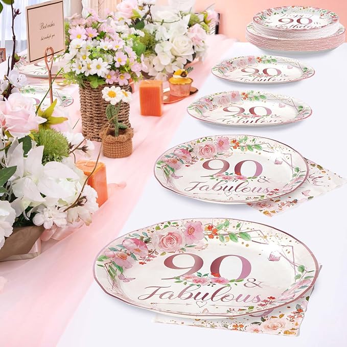 96 Pcs 90th Birthday Party Decorations for Women Rose Gold Floral 90th Birthday Plates and Napkins Tableware Sets 90 and Fabulous Party Supplies for 90 Years Old Birthday Party Favors Serves 24