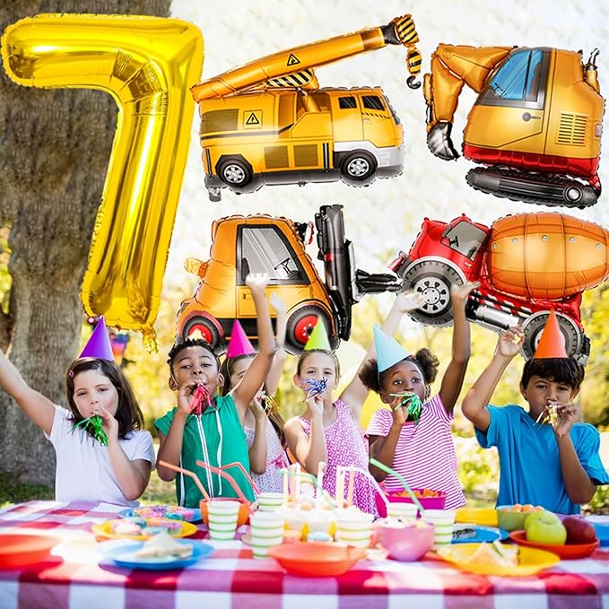 Large Gold Number 6 Balloons, Construction Truck Foil Balloons for Boys 7th Birthday Party Decorations