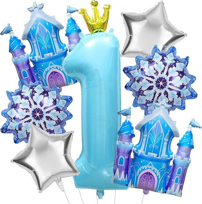 7Pcs 1st Birthday Party Decorations Balloons,Winter Snowflake Balloons Large Blue 40 Inch Number 1 Balloon Foil Star Castle Ballon for Birthday Party Favor Decor Supplies Winter Wonderland Decoration
