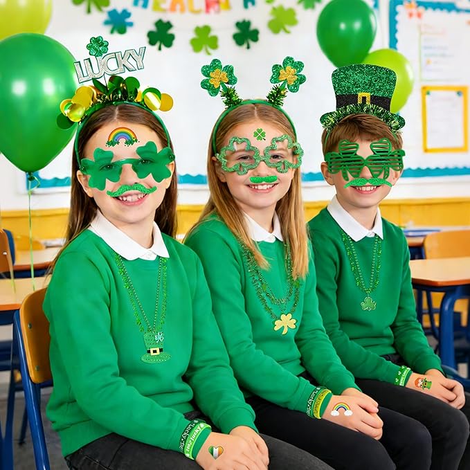 146 PCS St. Patrick's Day Accessories Party Favor Set, Shamrock Headbands, Clover Glasses, Bead Necklaces, Rubber Bracelets, Temporary Tattoos & Mustaches, Irish Green St Patrick’s Day Party Supplies