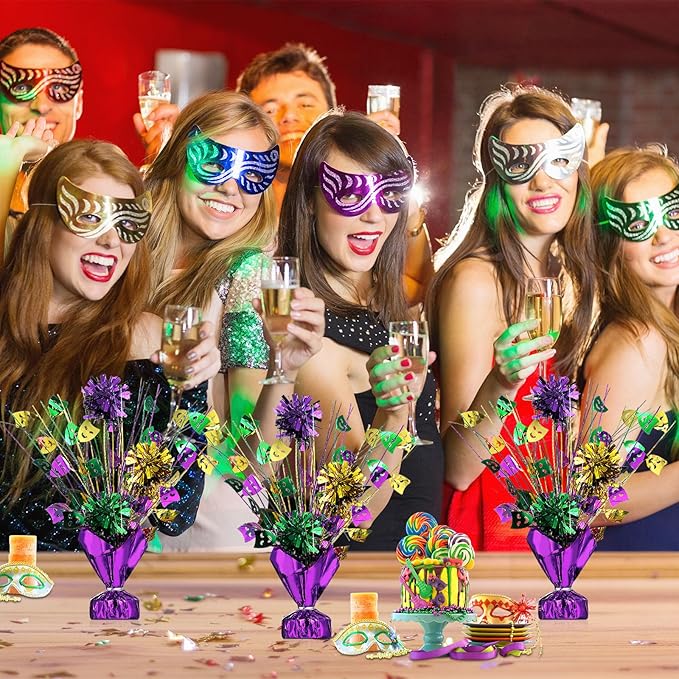 Capoda 3 Pcs Mardi Gras Table Centerpieces Metallic Plastic Carnival Decoration Centerpiece Glitter Foil Masquerade Party Table Decor for Carnival Festival Home Table Party Supplies Decor