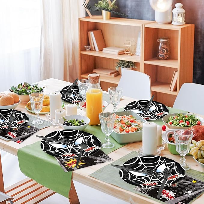 Black Spider Birthday Party Supplies - 96PCS Black Spider Birthday Party Plates and Napkins Forks Disposable Tableware Birthday Parties Table Dinnerware Baby Shower Plates Serve 24 Guests