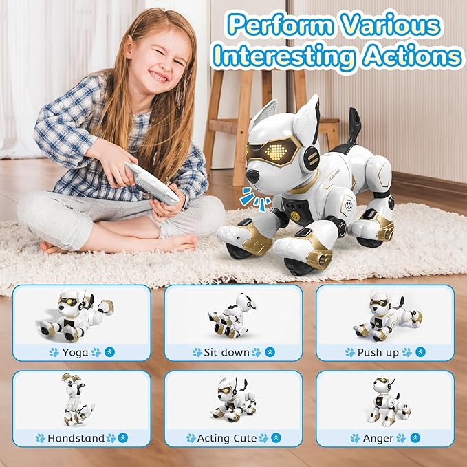 PeachLeaf Robot Dog Toy for Kids, Programmable Interactive RC Pet with Voice Control & Touch Sensor, Imitates Animal Sounds, Plays Music, Dance Modes, Robotic Puppy Toy for Kids Boys & Girls (Gold)