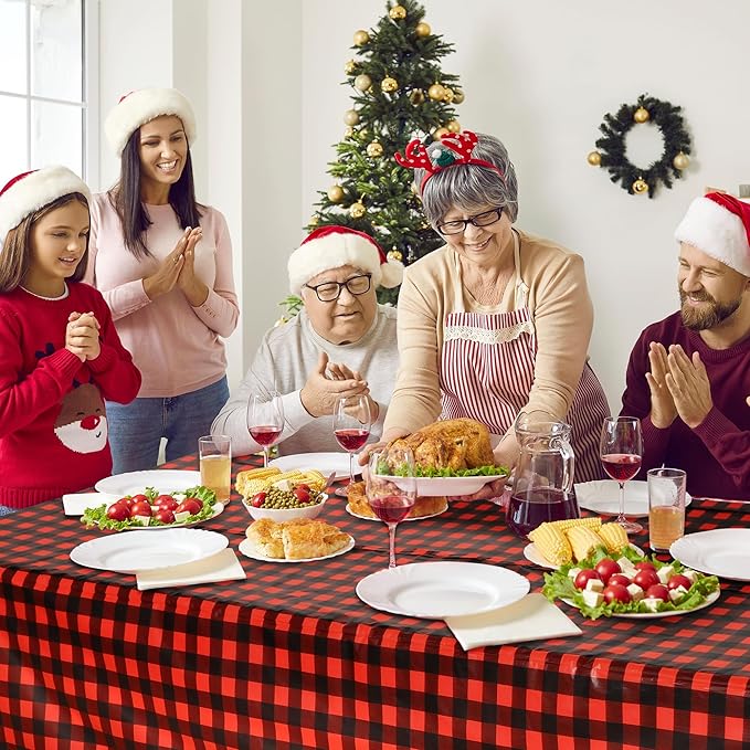 Kochorie 54 Inch x 300 Ft Red and Black Checkered Plastic Table Cloth Roll Disposable Red Black Buffalo Plaid Table Cover Roll with Easy Slide Cutter for Christmas Party/Home Dining/Decor