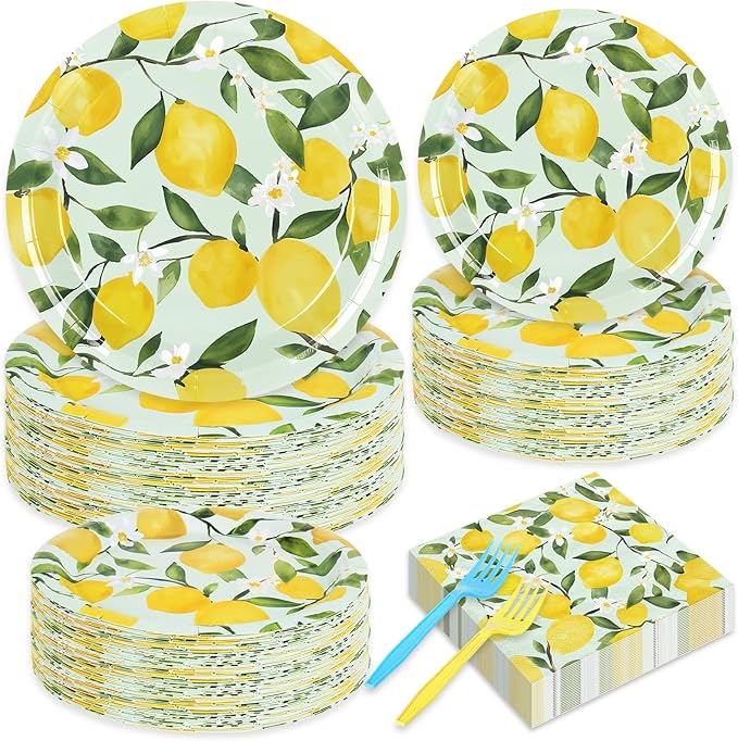 96 Pcs Lemon Party Decorations Summer Lemon Birthday Party Supplies Plates Napkins and Forks for Yellow Lemon Baby Shower Bridal Shower Serves 24