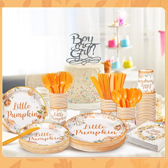 Dandat 350 Pcs Baby Shower Plates Set Baby Shower Party Supplies Serves 50 Tableware Sets Include Plates Napkin Cup Forks Knives Spoons Disposable Dinnerware(Little Pumpkin,Orange)