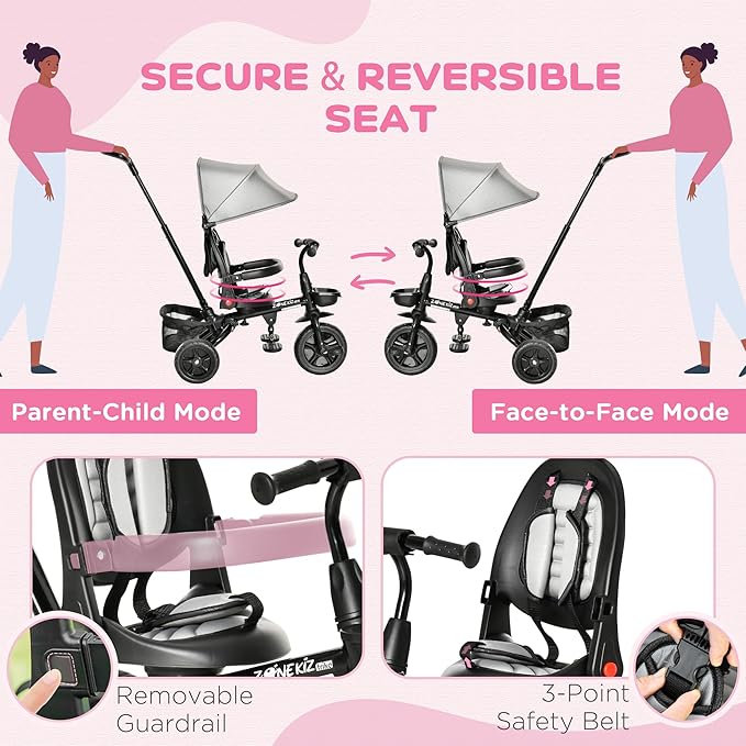 Qaba Kids Tricycle, 4 in 1 Foldable Trike with Reversible Seat, Adjustable Parent Handle, Safety Harness, Wheel Brakes, Removable Canopy, Storage, Tricycle for Toddlers 1-5 Years, Gray