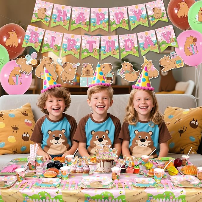 Pink Capybara Birthday Party Decorations - Capybara Party Supplies including Banner, Plate, Cake Topper, Cup, Napkin, Balloon, Tablecloth - Serves 20