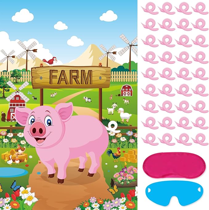 Hooqict Pin The Tail on The Pig Party Game Farm Birthday Party Games for Kids Farm Animal Party Decorations Pig Party Supplies, Large Pin The Tail Game Poster with 36 Tail Stickers