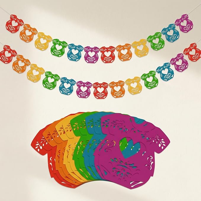 2 Pack Cielito Lindo Papel Picado Baby Shower Banner Decoration, Mexican 24 Pcs Bodysuit Card with Hanging String Fiesta Garland for Gender Baby Shower Party Supplies(Rainbow Color)