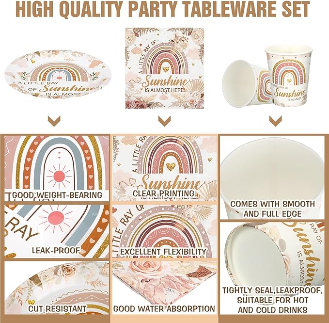 200 Pcs Rainbow Baby Shower Paper Plates Napkins Cups Baby Shower Party Supplies Tableware Set Boho Disposable Cup Napkin for 50 Guest Girls Spring Party Decoration