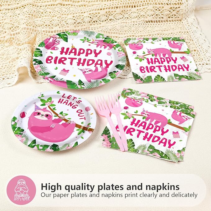 96Pcs Sloth Animal Birthday Party Supplies Hanging Pink Sloth Plates and Napkins Jungle Cute Animal Theme Tableware Set for Kids Girls Animal Theme Birthday Party Supplies，Serves 24