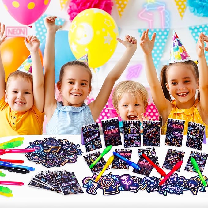 Winrayk 74Pcs Glow in the Dark Party Favors Neon Birthday Supplies Kids, Invisible Ink Pen Mini Notebook Neon Stickers, Pinata Filler Goodie Bag Stuffer Teen Girls Boys Glow in the Dark Party Supplies