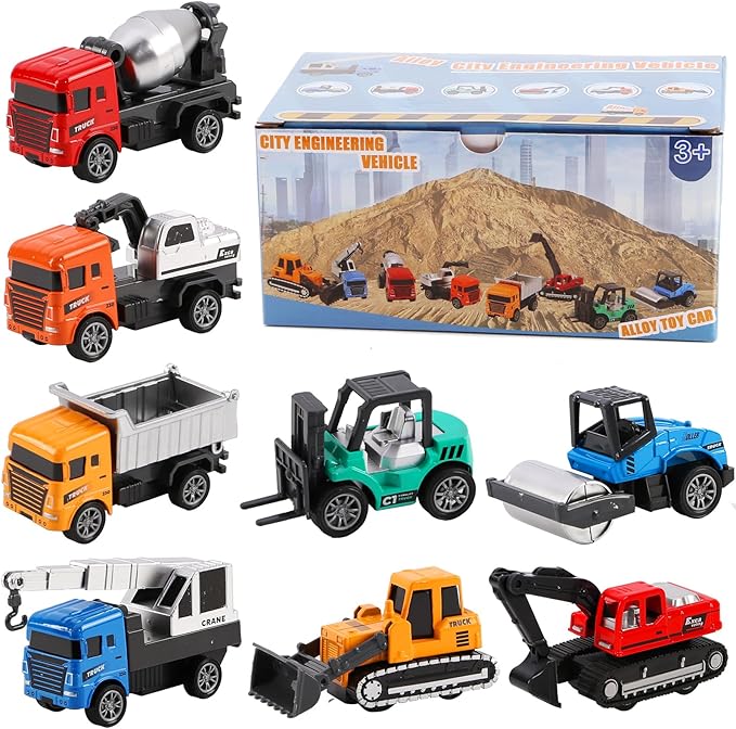 8-in-1 Mini Die Cast Alloy Construction Vehicle Set, Pull Back Toy Cars for 3 4 5 Year Old Boys Girls, Outdoor Boys Girls Toys, Ideal Gift for Birthday Party Favors & Christmas Stocking Stuffers