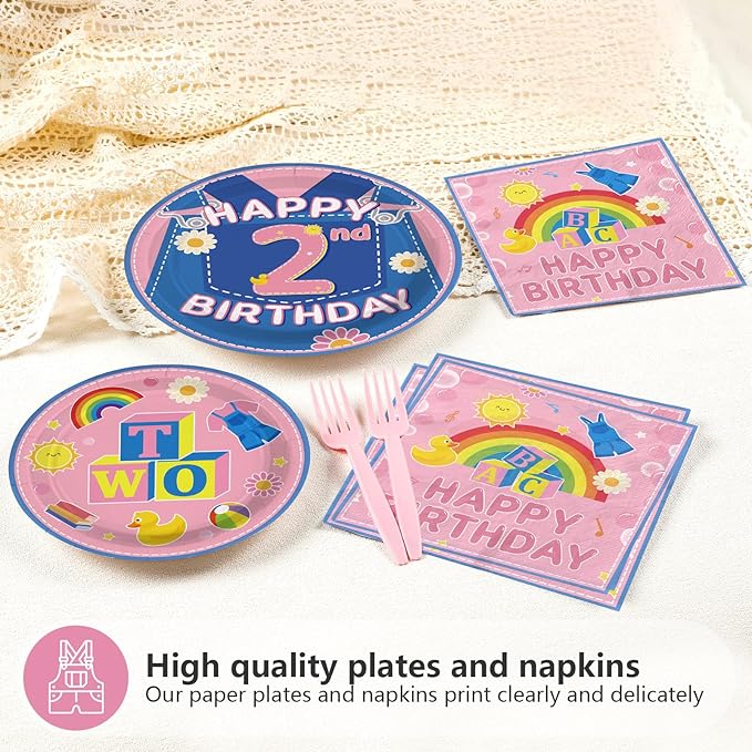 96Pcs 2nd Birthday Party Decorations Girls Pink Cartoon Teaching Plates and Napkins Cartoon English Teacher Theme Tableware Set for Girl Birthday Baby Shower Party Supplies，Serves 24