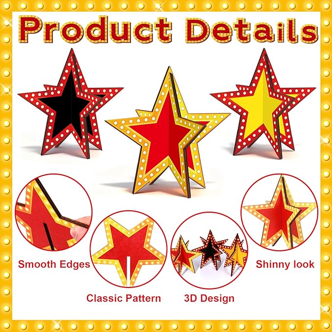 Star Centerpieces Movie Night Party Decorations 3D Star Movie Night Wooden Centerpieces Cinema Birthday Table Wooden Sign for Red Carpet Film Show Theme Birthday Party Favors Supplies