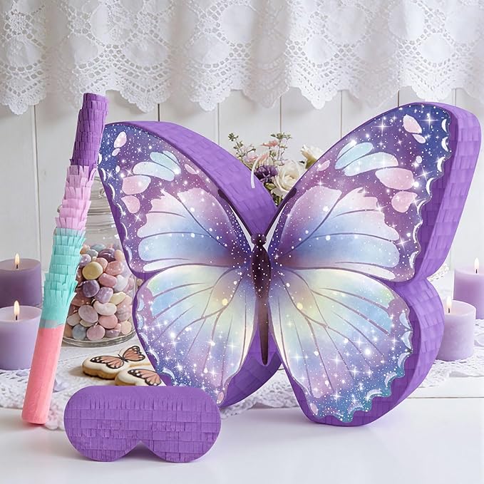 Hooqict Butterfly Piñata Purple Butterfly Pinata with Blindfold and Bat Stick for Kids Girls Spring Garden Family Games Purple Fairy Birthday Party Decorations Supplies