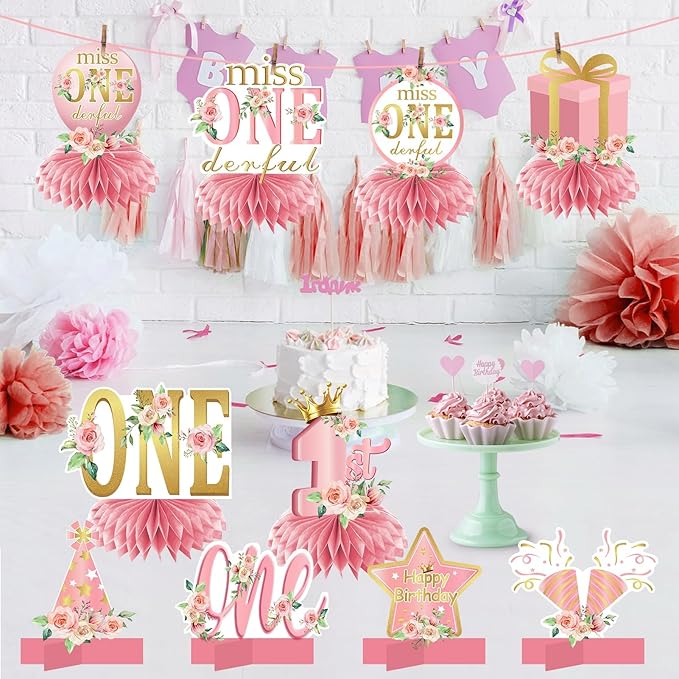 10Pcs Miss Onederful Birthday Decorations Honeycomb Centerpieces for Baby Girls, Pink Rose Gold 1st Birthday Table Centerpiece Party Supplies, Floral First Birthday Table Topper Sign Decor