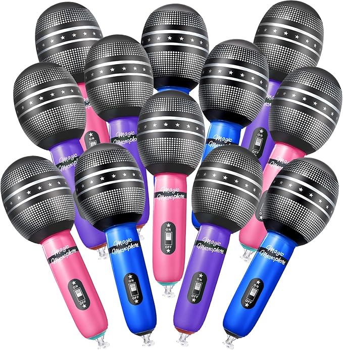 Zhanmai 12 Pieces Inflatable Microphones for Parties 9.4 Inch Blow up Blue Pink Purple Plastic Fake Microphone Props Toys for Kpop Theme Musical Singer Concert Karaoke 80s 90s Party Supplies
