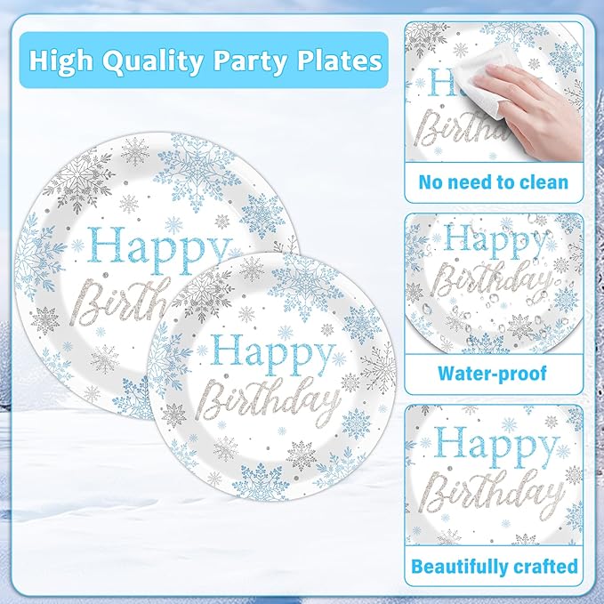 96PCS Winter Birthday Party Decorations Snowflake Paper Plates and Napkins Winter Wonderland Baby Shower Decoration Silver Blue White Christmas Party Supplies Disposable Snow Flakes Tableware Serve 24
