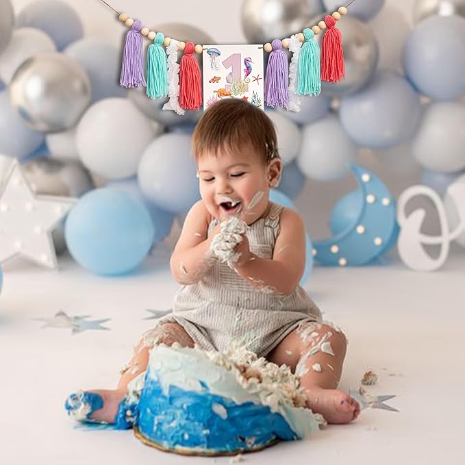 Gostman Oneder The Sea High Chair Banner - Under The Sea Themed First Birthday Party Decorations,1st Birthday Party Decor For Baby Girls (mermaid banner)