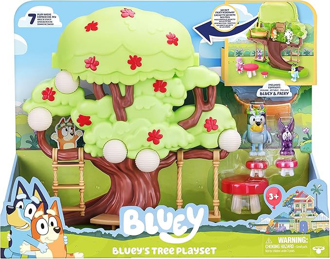 Bluey 2-Sided Treehouse Playset, 11”, Action-Packed Tree Toys Set with 4 Accessories and 2.5” Articulated Figure, Animal Toys for Kids Ages 3+