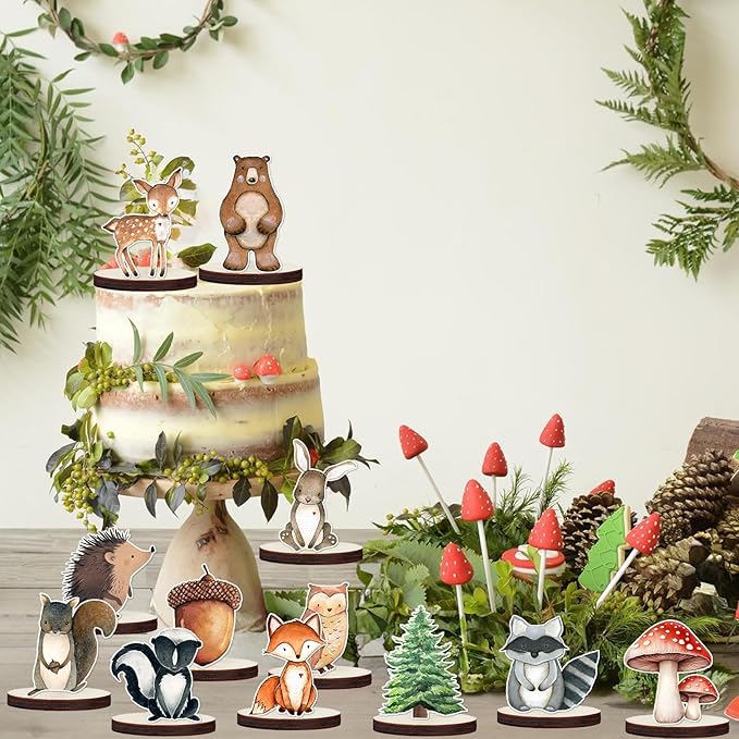 12 Pcs Painted Woodland Animals Wood Table Centerpieces Cutout Shapes Woodland Baby Shower Decorations Wild Creatures Wood Table Topper for Forest Camp Party Supplies