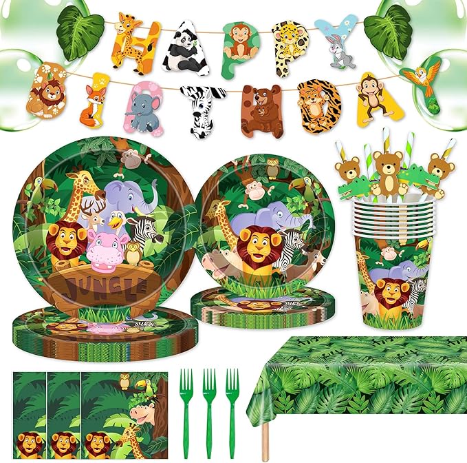 146Pcs Jungle Wild Animal Plates and Napkins Jungle Safari Party Supplies Includes Plates, Napkin, Fork, Cup, Straw, Tablecloth, Banner for Woodland Baby Shower Birthday Party Decorations, Serves 24