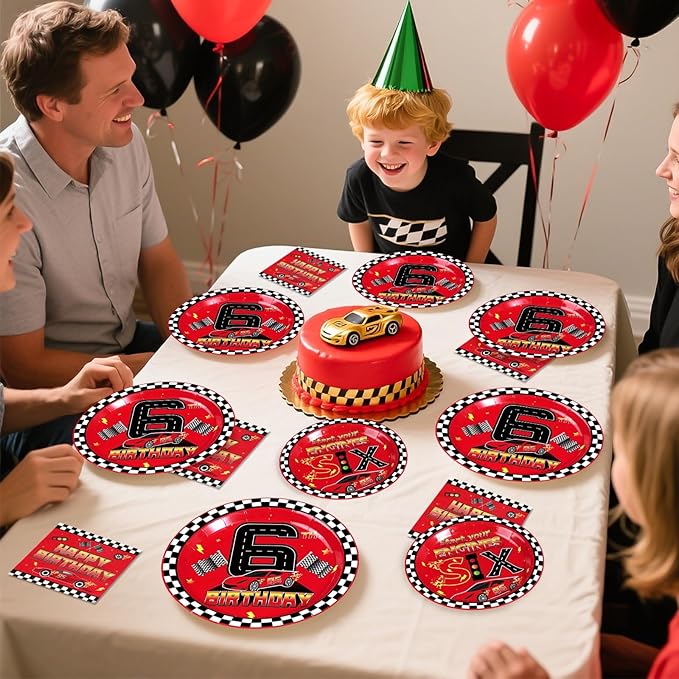 Grencian 96Pcs Race Car 6th Birthday Party Decorations Hot Car Checkered Plates and Napkins Racing Themed Disposable Tableware Set for 6 years old Boys Transportation Birthday Party Serve 24