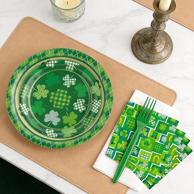 St. Patrick’s Day Tableware Set, 96 Pcs Lucky Green Shamrock Disposable Dinnerware with Paper Plates, Napkins, and Forks for St Patrick Day, Irish Party Supplies- Serves 24
