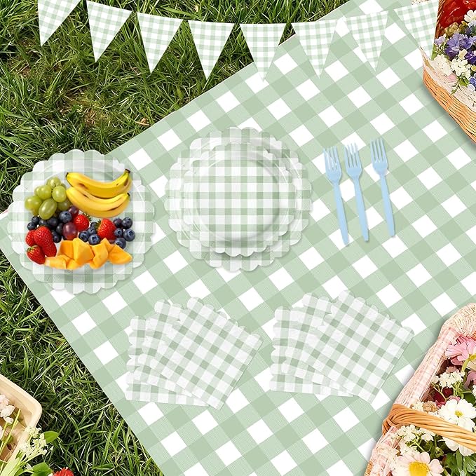 102 PCS Sage Green Gingham Party Supplies - Scalloped Plates, Napkins, Cups, Forks, Banner, Gingham Tablecloth for Baby Shower, Wedding, Birthday, Serves 25