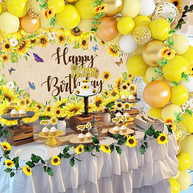 Sunflower Birthday Party Decoration Pack 111 Pcs Baby Shower Party Supplies Wedding Decor include Backdrop Tablecloth Artificial Sunflower Garland Cake Topper Balloon Garland Arch Tissue Paper Flower