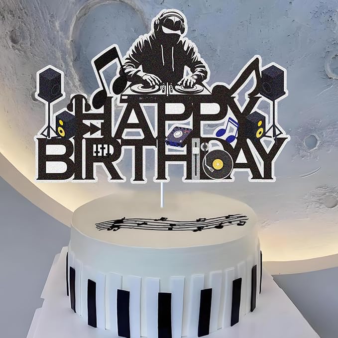 Dj Disco Happy Birthday Cake Topper Music Rock Disco Hip Hop Black Glitter Cake Decoration Carnival party Dj Disco Unisex adult Theme Birthday Party Supplies