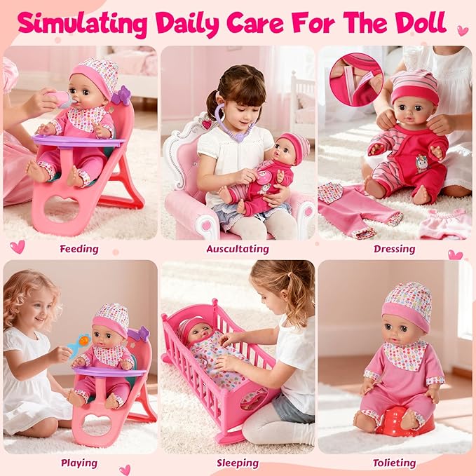 12'' Baby Doll Set with Crib and High Chair, 32 PCS Interactive Baby Doll Make 12 Sounds with Baby Doll Accessories, Doll Playset Toddler Girl Toys Birthday Gifts for 3 4 5 Years Old