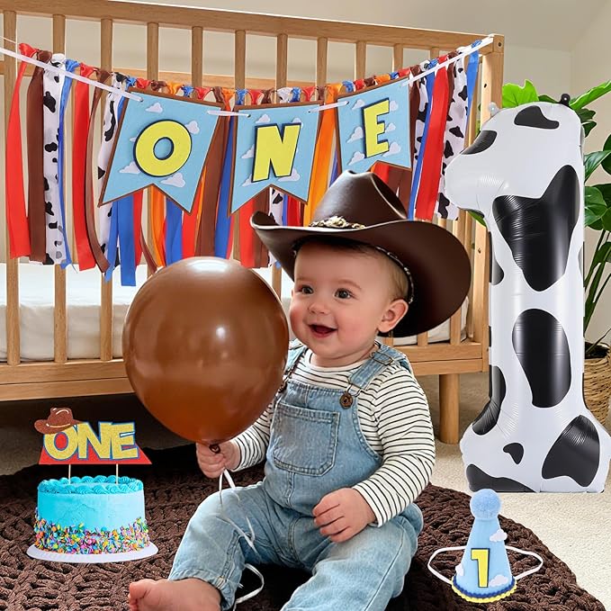 Cartoon Toy Highchair Banner for Baby First Birthday Party Decorations Blue Sky With Clouds High Chair Tassel Banner for Boys Girls Western Cowboy 1st Birthday Photo Props Backdrop Decoration