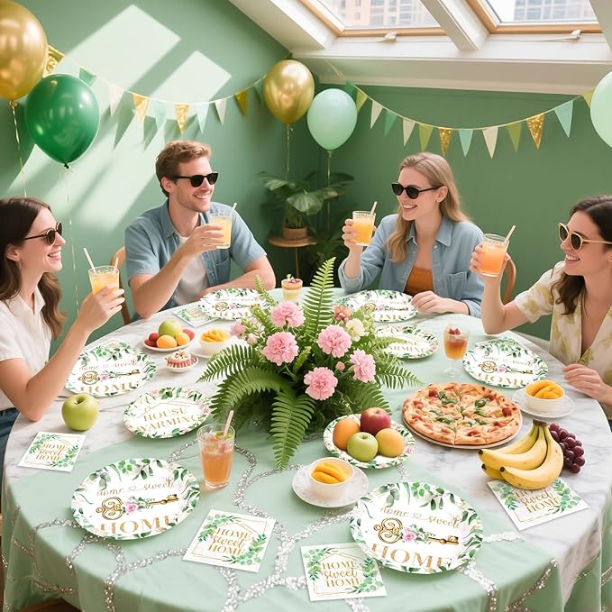 Grencian 96Pcs House Warming Party Decorations Housewarming Plates and Napkins Disposable Green Leaves Pink Floral Home Sweet Home Paper Tableware Set for New House Wedding Party Supplies, Serves 24