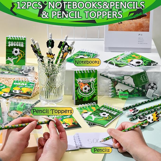 Soccer Party Favors Birthday Supplies School Stationery Bulk - Mini Notebook Pencil Eraser Bookmark Sharpener Bag Sticker, Goodie Stuffer Pinata Filler Boy Kids Soccer Themed Party Supplies