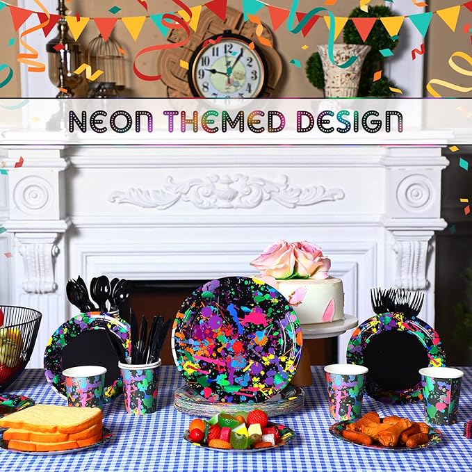 Baderke 252 Pcs Neon Party Supplies for 36 Guests Glow Party Plates Napkins Tableware Cups Knives Forks Spoons Neon Glow Birthday Colorful Graffiti Parties Decoration Favor