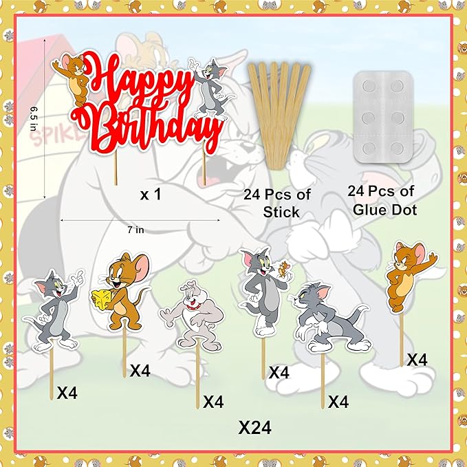 "Tom & Jery Theme Birthday Party Supplies – Cartoon Character – Complete Birthday Decoration Set with Banner, Cake Topper, Cupcake Toppers and Party Accessories for Boys & Girls"
