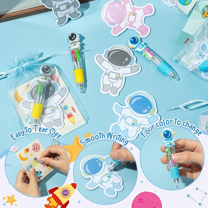 CY2SIDE Space Stationery Party Gift - 12 Pack Spring Gifts Stuffer with Outer Space 4-in-1 Ballpoint Pen Sticky Note Sticker and Organza Astronaut Party Favors Goodie Bag Fillers for School Rewards