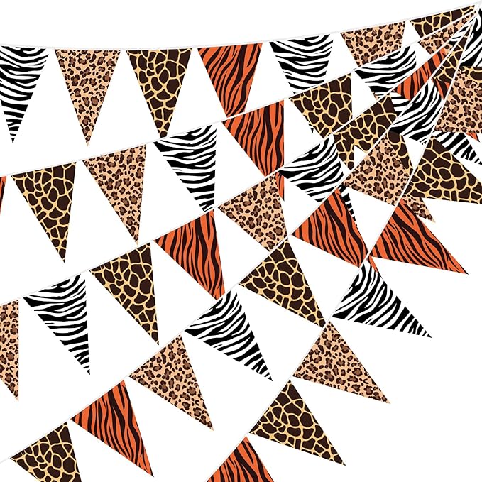 HESTYA 5 Pieces 49 Feet Safari Party Pennant Banner Jungle Party Decorations Wild Animal Triangle Flags Bunting Banners for Safari Jungle Zoo Birthday Wild One Decorations Supplies