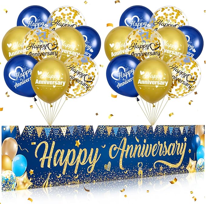 Happy Anniversary Banner Decorations Navy Blue Gold Happy Anniversary Yard Banner Sign with 18pcs Happy Anniversary Balloons Confetti Set for Men Women Wedding Party Supplies Decor