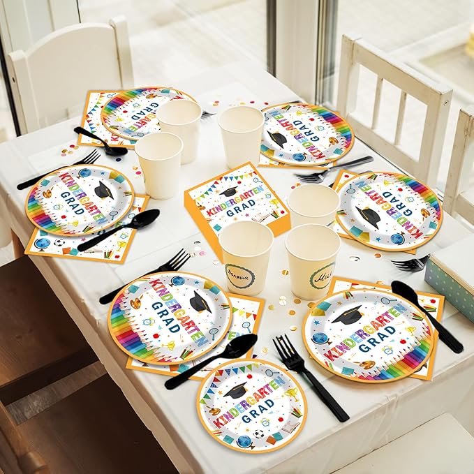 Kindergarten Graduation Party Supplies Pre-K Grad Tableware Set Preschool Graduation Plate Napkin Kindergarten Disposable Paper Dinnerware Kit for Graduate Party decoration Favor 24 Guest (White)