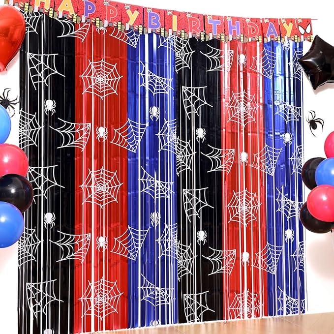 Spider Web Party Decor Kit with 15 Balloons - 2 Pack 3.3x6.6ft Gothic Tinsel Fringe Curtains Backdrop, Cobweb Photo Booth Props, Halloween Birthday Party Decorations in Red, Blue & Black