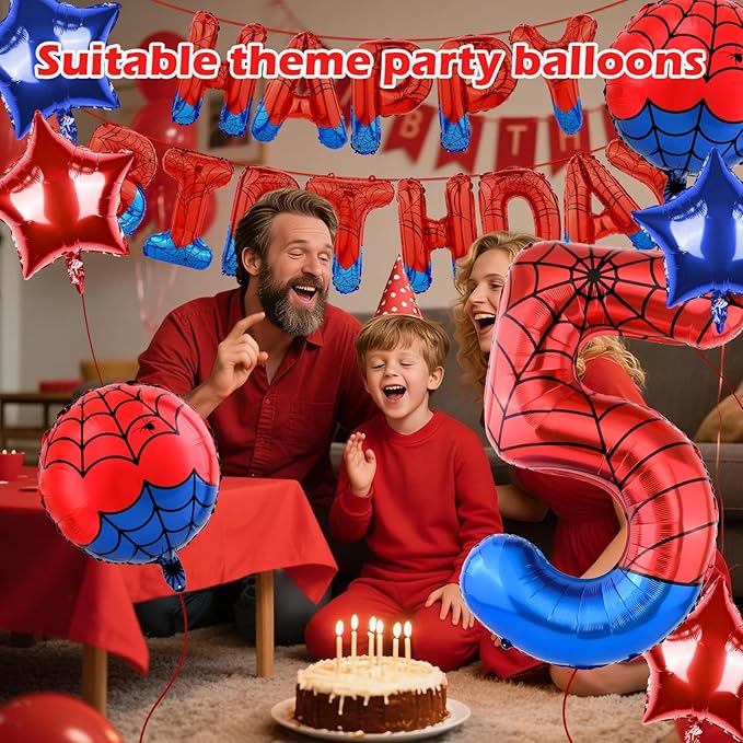 Spider Themed Happy Birthday Banner Party Decorations Set Including 40 Inch Number 5 Foil Balloons, Themed Party Essentials, Colorful Superhero Backdrop Supplies for Boys Indoor Outdoor Celebration